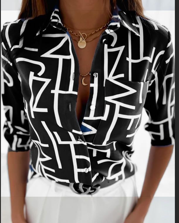 Tanya Black White Print Detail Button Shirt
