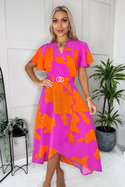 Kathy Pink and Orange Belted Floral Midi Dress