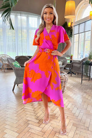 Kathy Pink and Orange Belted Floral Midi Dress
