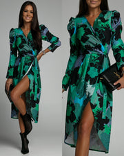 Emmie Green Floral Wrap Long Sleeve Midi Dress