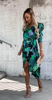 Emmie Green Floral Wrap Long Sleeve Midi Dress