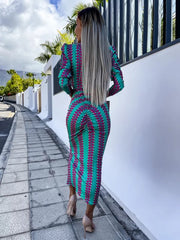 Carra Turquoise Print Long Sleeve Midi Dress