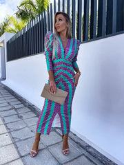 Carra Turquoise Print Long Sleeve Midi Dress