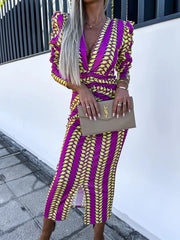 Carra Magenta Print Long Sleeve Midi Dress