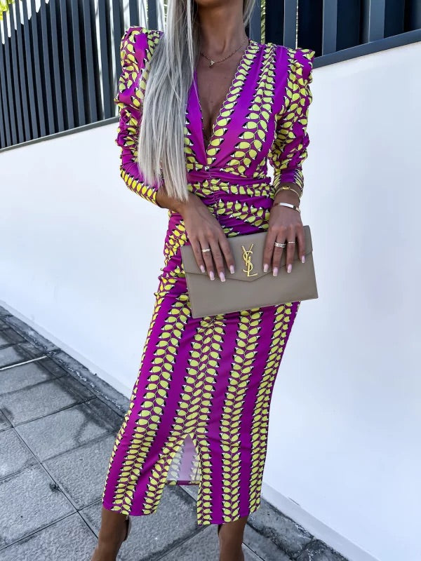 Carra Magenta Print Long Sleeve Midi Dress
