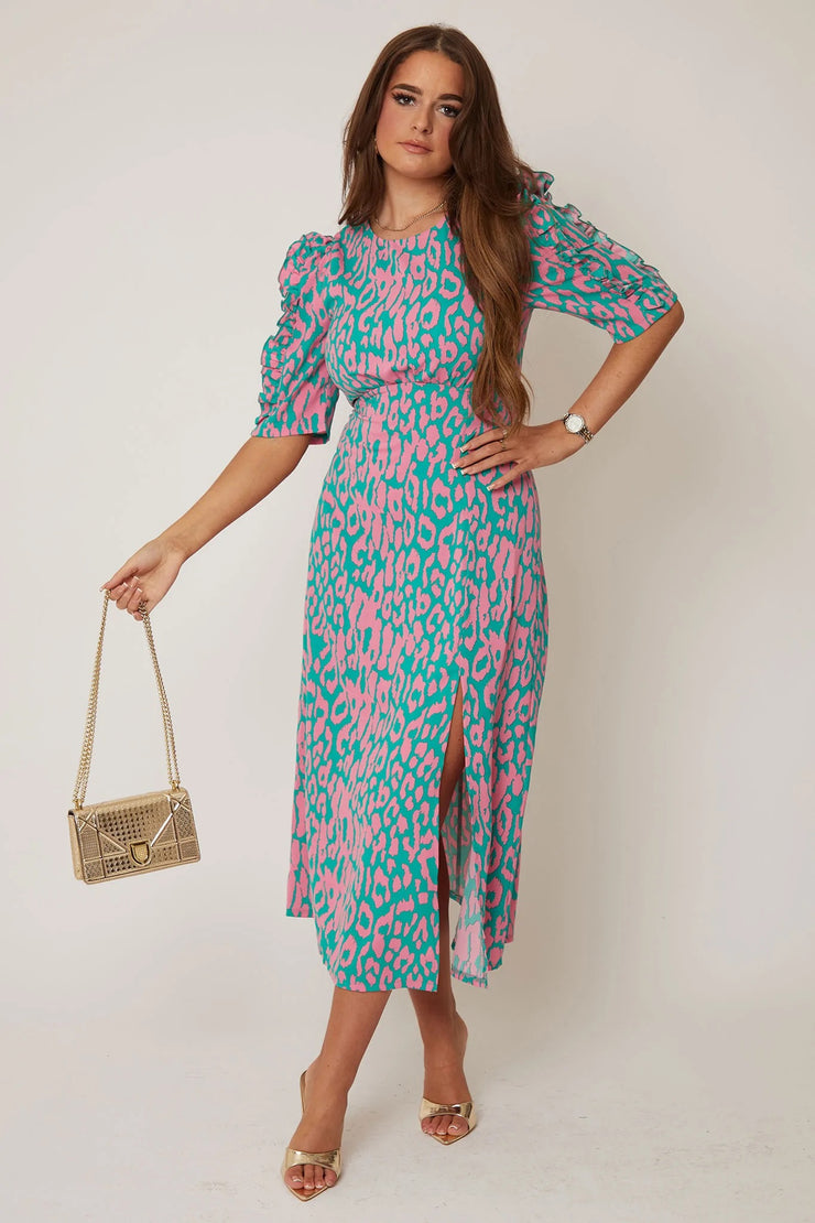 pink teal dress Deep Teal with Pink Midi Dress
