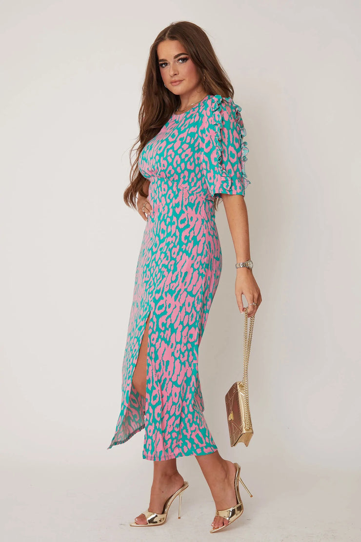 Emilie Pink and Turquoise Print Frill Sleeve Midi Dress