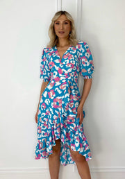 Eva Blue Pink Leopard Print Midi Frill Hem Dress