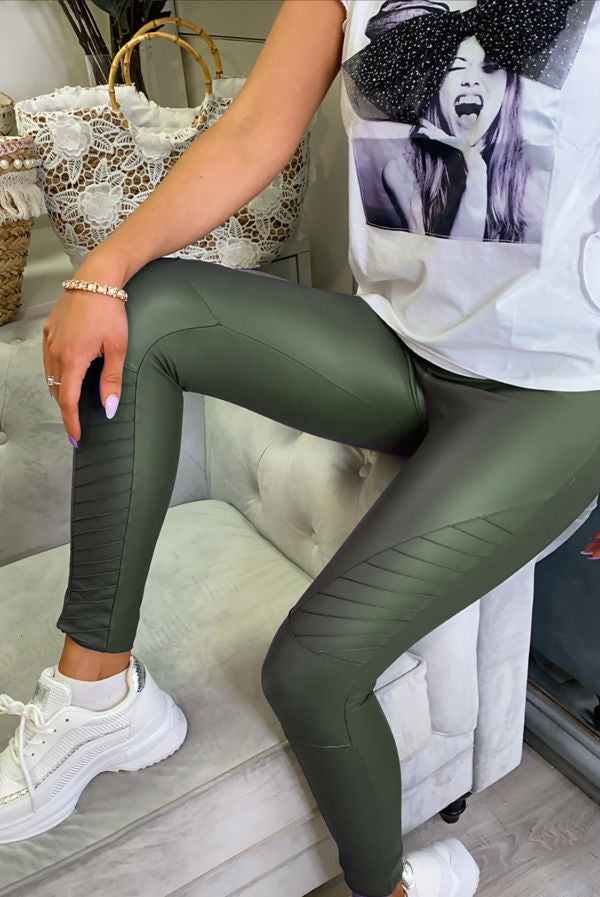 Pattie Khaki High Waist PU Biker Leggings