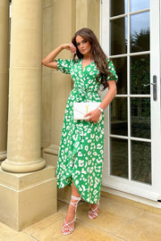 Farrah Green Leopard Print Frill Hem Maxi Dress