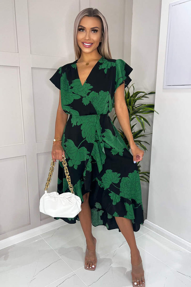 Tina Black and Green Floral Print Wrap Midi Dress