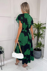 Tina Black and Green Floral Print Wrap Midi Dress