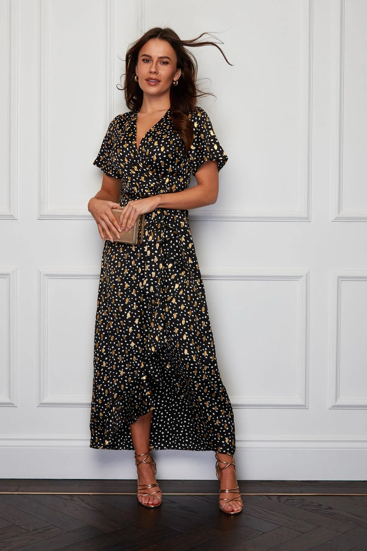Fiona Black Gold Foil Frill Hem Dress - Koko Rose Boutique Fiona Black Gold Foil Frill Hem Dress - Koko Rose Boutique