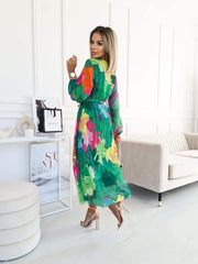 Jordie Green Floral Print Belted Midi Dress