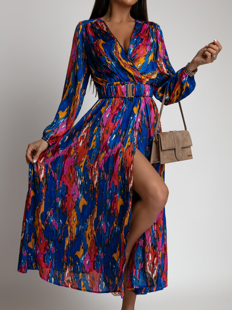 Wendy Blue Multi Print Belted Midi Dress
