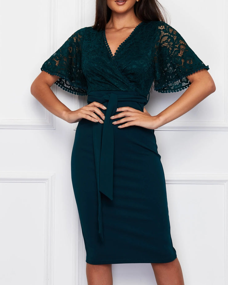 Lynsey Emerald Green Lace Belted Midi Dress