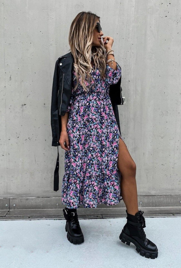 Gloria Multi Floral Print Button Midi Dress