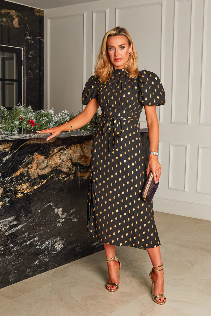 Lilly Black Gold Foil Print Puff Sleeve Midi Dress - Koko Rose Boutique Lilly Black Gold Foil Print Puff Sleeve Midi Dress - Koko Rose Boutique