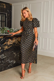 Lilly Black Gold Foil Print Puff Sleeve Midi Dress
