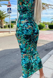 Rachel Turquoise Multi Print Long Sleeve Midi Dress