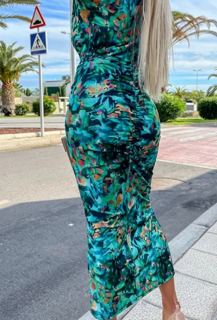 Rachel Turquoise Multi Print Long Sleeve Midi Dress