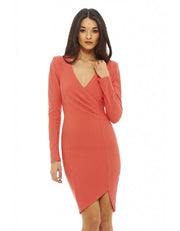RILEY CORAL WRAP FRONT LONG SLEEVED DRESS