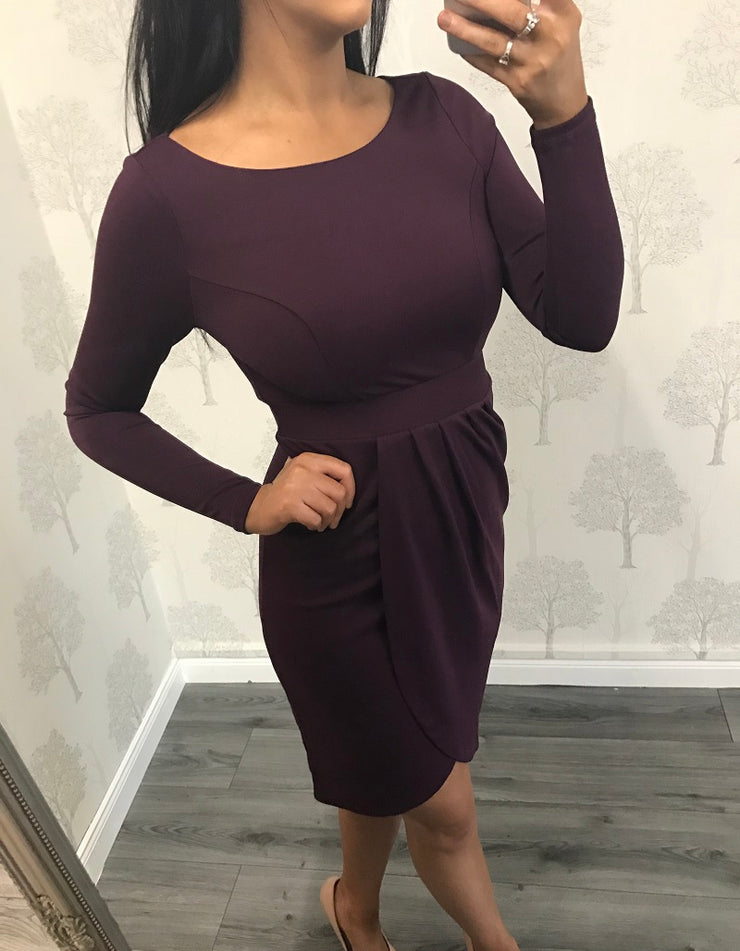 Purple Long Sleeve Wrap Midi Dress
