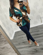 Raina Teal Peplum Short Sleeve Blouse