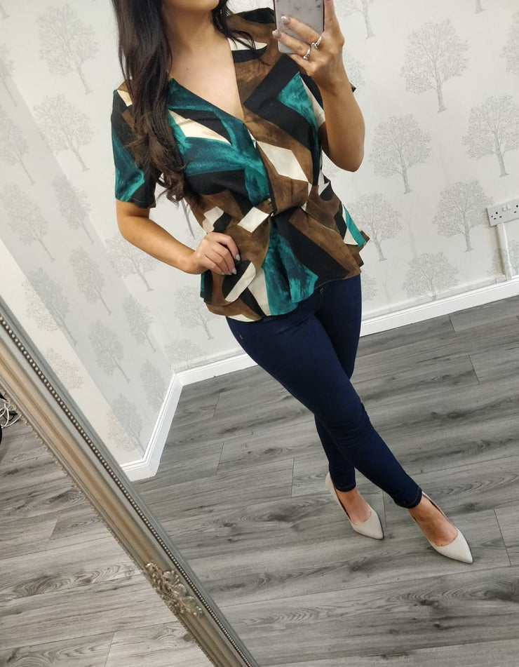 Raina Teal Peplum Short Sleeve Blouse