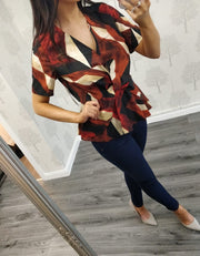 Raina Red Peplum Short Sleeve Blouse