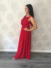 Red Lace Maxi Dress with Embellished Plunge Neck