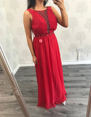 Red Lace Maxi Dress with Embellished Plunge Neck