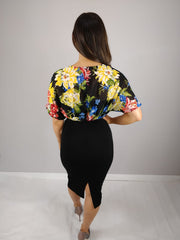 Riya Black Floral Print Batwing Midi Dress
