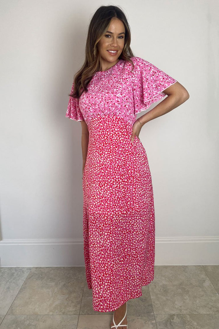 Val Hot Pink Mixed Print Midi Dress