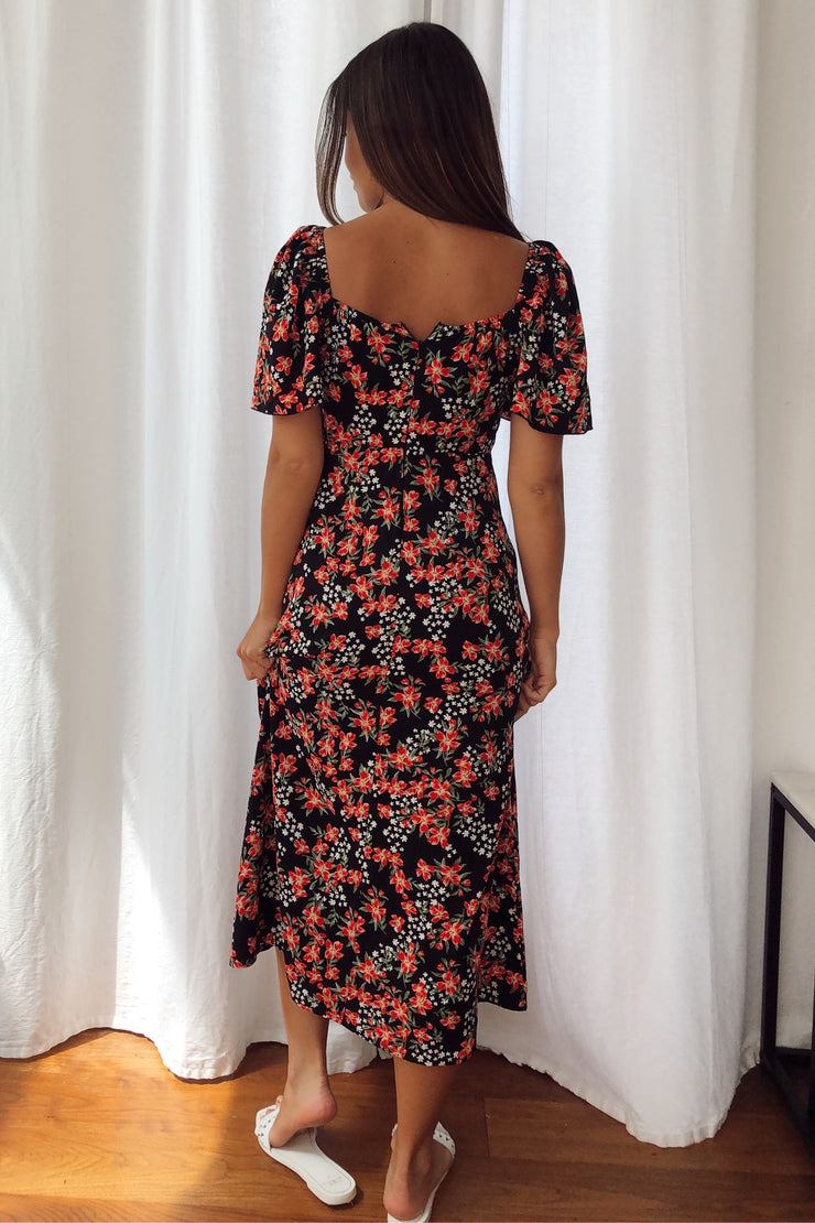 Amy Red Floral Print Angel Sleeve Midi Dress