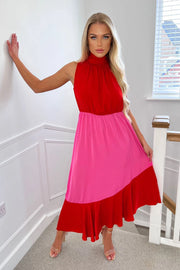 Yvette Red and Pink High Neck Tiered Midi Dress