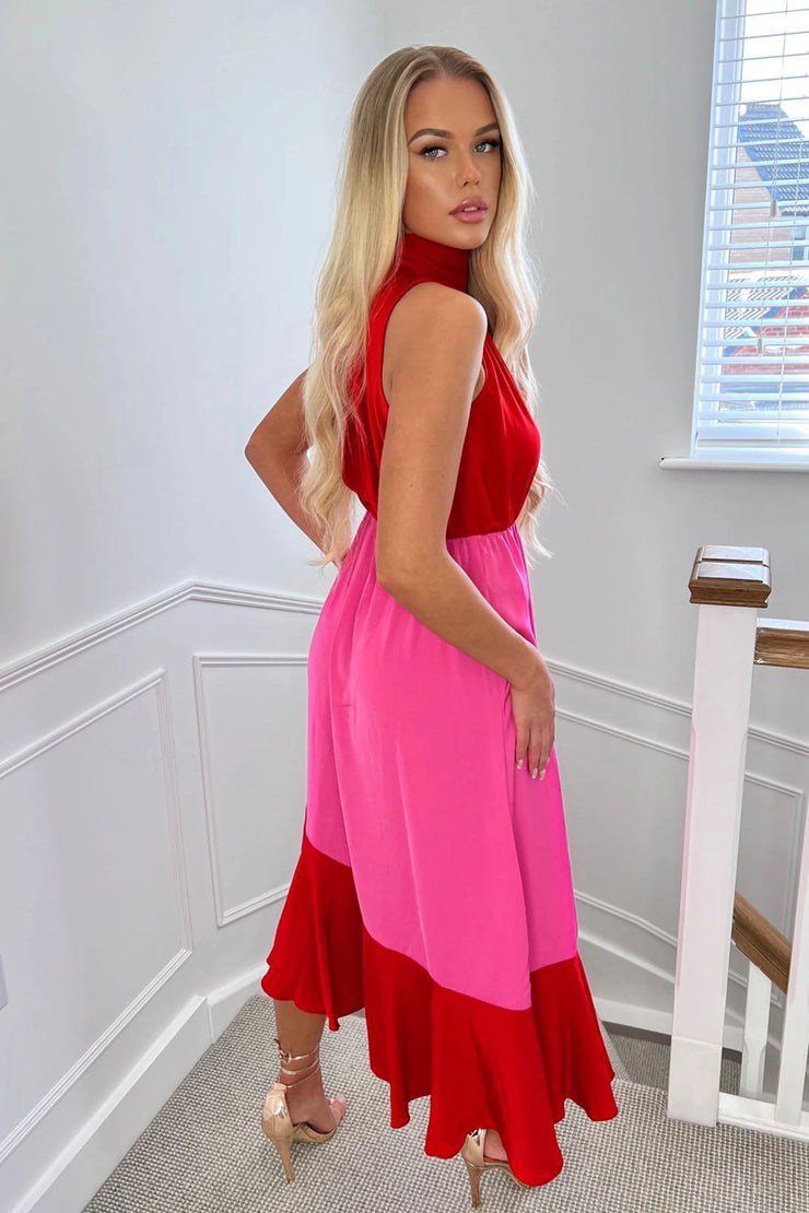 Yvette Red and Pink High Neck Tiered Midi Dress
