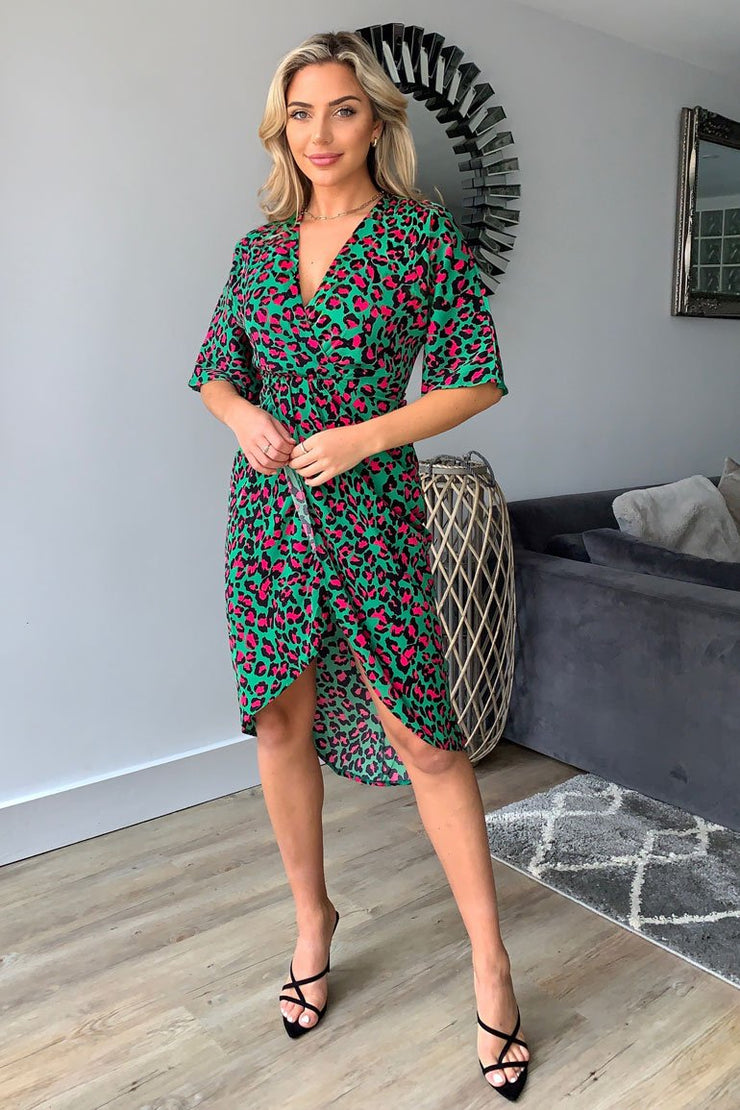 Jacqui Green Leopard Wrap Detailed Midi Dress - Koko Rose Boutique Jacqui Green Leopard Wrap Detailed Midi Dress - Koko Rose Boutique