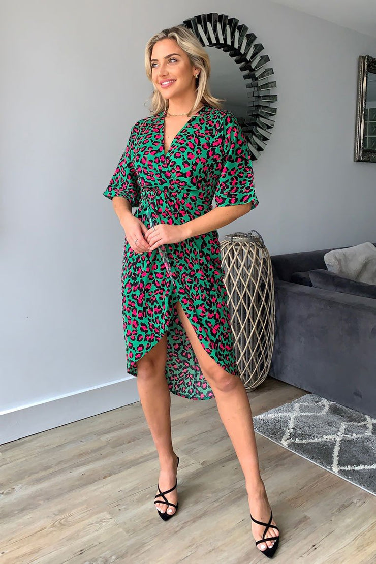 Jacqui Green Leopard Wrap Detailed Midi Dress - Koko Rose Boutique Jacqui Green Leopard Wrap Detailed Midi Dress - Koko Rose Boutique