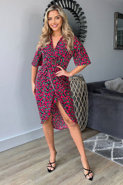 Jacqui Pink Leopard Wrap Detailed Midi Dress