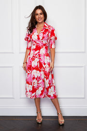 Mia Orange Pink Floral Pocket Midi Dress