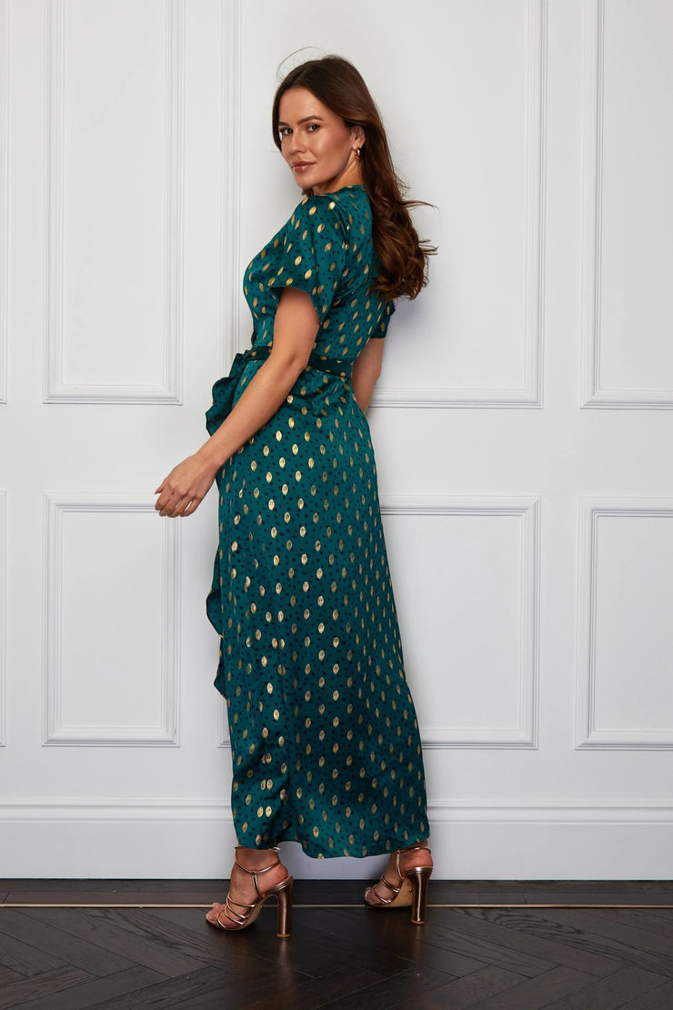 Fiona Emerald Green Gold Foil Frill Hem Dress - Koko Rose Boutique Fiona Emerald Green Gold Foil Frill Hem Dress - Koko Rose Boutique