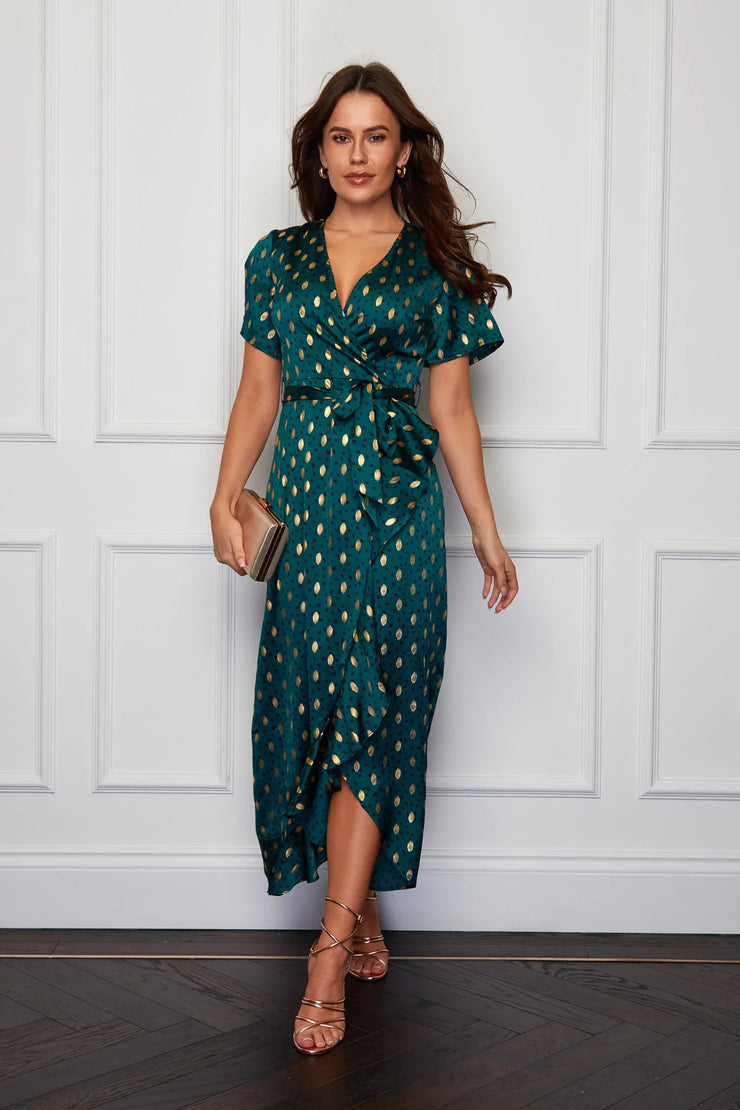 Fiona Emerald Green Gold Foil Frill Hem Dress - Koko Rose Boutique Fiona Emerald Green Gold Foil Frill Hem Dress - Koko Rose Boutique
