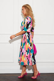 Una Multi Colour Block Pleated Belted Midi Dress