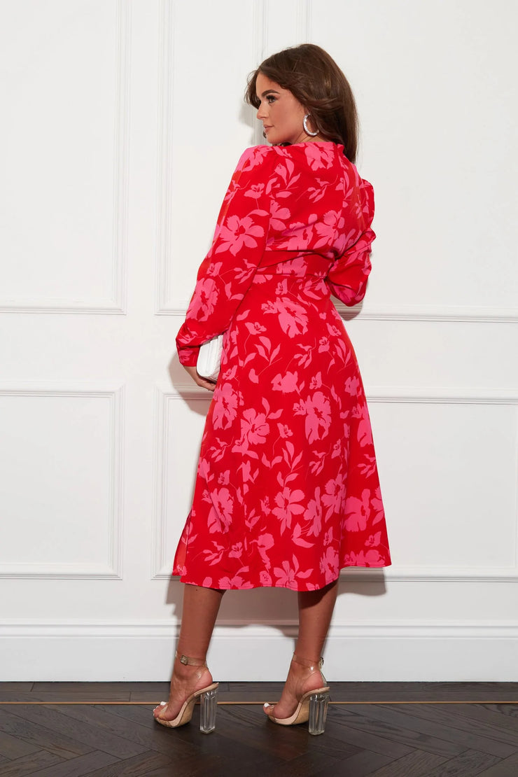 Tania Red and Pink Floral Long Sleeve Midi Dress