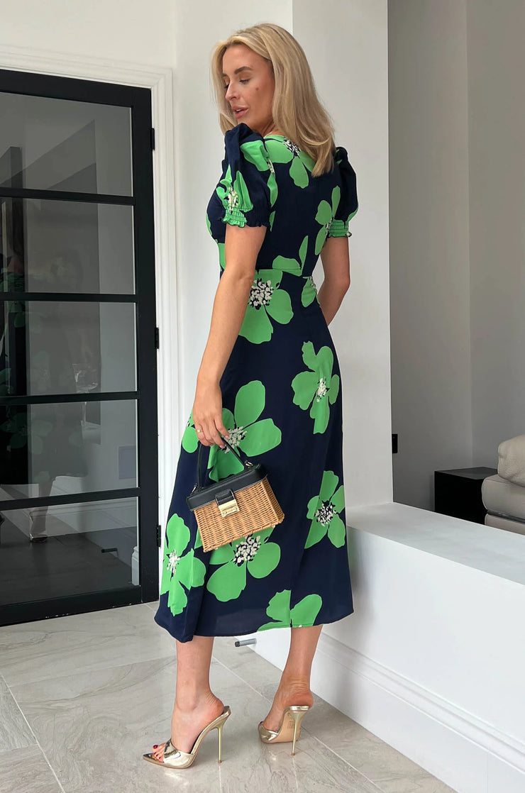 Monroe Navy Green Floral Sweetheart Midi Dress