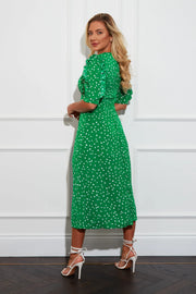 Carly Green Polka Dot Frill Sleeve Midi Dress