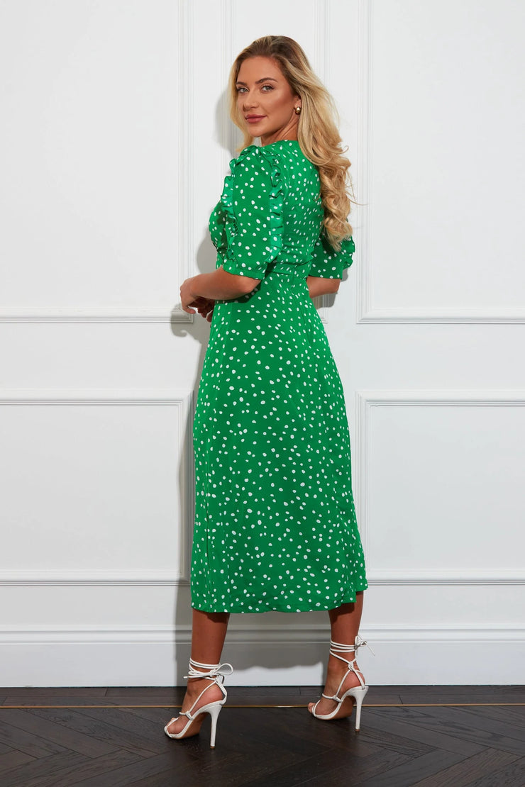 Carly Green Polka Dot Frill Sleeve Midi Dress