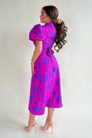 Lilly Purple Floral Print Puff Sleeve Midi Dress