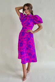 Lilly Purple Floral Print Puff Sleeve Midi Dress
